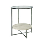 Benzara 48 Inches Round Glass Top End Table with Stone Shelf, Clear and Chrome