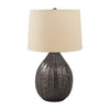 Benzara Tear Drop Metal Base Table Lamp with Drum Shade, Bronze and Beige