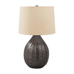 Benzara Tear Drop Metal Base Table Lamp with Drum Shade, Bronze and Beige