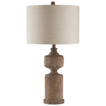 Benzara Polyresin Table Lamp with Turned Base and Fabric Shade, Brown and Off White