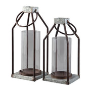Benzara Geometric Lantern with Glass Hurricane, Set of 2, Black and Gray