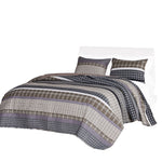 Benzara Prague 3 Piece Microfiber Plaids and Striped Pattern Queen Quilt Set, Taupe Gray