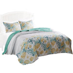 Benzara Vienna 3 Piece Microfiber Reversible Ocean Print King Quilt Set, White and Green