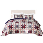 Benzara Munich 3 Piece Plaid Pattern Star Patchwork Queen Quilt Set, Red and Off White