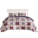 Benzara Munich 3 Piece Plaid Pattern Star Patchwork King Quilt Set, Red and Off White