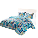 Benzara Naples 3 Piece Microfiber Beach Print and Typography Queen Quilt Set, Blue