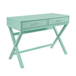 Benzara 30 Inch 2 Drawer Wooden Desk with X Base, Turquoise Green