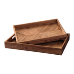 Benzara Chevron Pattern Wooden Tray with Cut Out Handles, Set of 2, Brown