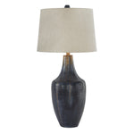 Benzara Drum Shade Table Lamp with Metal Curved Design Base, Blue