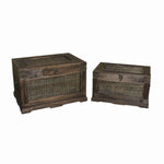 Benzara Traditional Wooden Storage Box with Metal Mesh Design, Set of 2, Brown