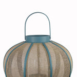 Benzara Farmhouse Wood and Metal Lantern with Mesh Details, Blue and Beige