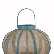 Benzara Farmhouse Wood and Metal Lantern with Mesh Details, Blue and Beige