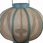 Benzara Farmhouse Wood and Metal Lantern with Mesh Details, Blue and Beige