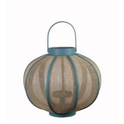 Benzara Farmhouse Wood and Metal Lantern with Mesh Details, Blue and Beige