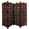 Benzara Hand Carved Sun And Moon Design Foldable 4 Panel Wooden Room Divider, Brown