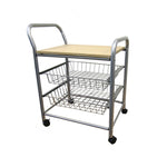 Benzara BM94677 Casters Supported Wooden Top Metal Frame Trolley, Gray and Light Brown