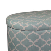 Benzara BM96238 2 Piece Oblong Upholstered Storage Ottoman with Quatrefoil Print, Teal Blue