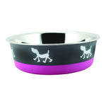Benzara Stainless Steel Pet Bowl with Anti Skid Rubber Base and Dog Design, Gray and Pink-Set of 4
