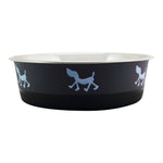 Benzara Stainless Steel Pet Bowl with Anti Skid Rubber Base and Dog Design, Gray and Black