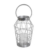Benzara Geometric Design Metal Candle Holder with Glass Hurricane,Large,Silver