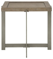 Benzara Plank Top Square End Table with Straight Metal Legs and X Shaped Base, Gray