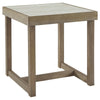 Benzara Faux Marble Top Square End Table with Wooden Sled Base, Weathered Brown