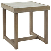 Benzara Faux Marble Top Square End Table with Wooden Sled Base, Weathered Brown