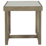 Benzara Faux Marble Top Square End Table with Wooden Sled Base, Weathered Brown