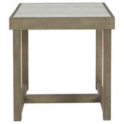 Benzara Faux Marble Top Square End Table with Wooden Sled Base, Weathered Brown
