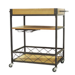 Benzara C490-ZUH0001 Kitchen Mobile Serving Bar Cart With Shelves And Wine Glass Holder, Brown And Black