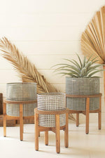 Kalalou CHW1271 Set of Three Woven Metal Planters with Wood Stands