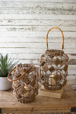 Kalalou CJAL1036 Set of Two Jute and Wire Lanterns with Glass Inserts