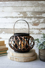 Kalalou CLUX1208 Small Low Round Brown Willow Lantern with Wooden Handle