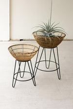 Kalalou CMNQ1060 Set Of Two Round Bamboo Baskets On Metal Stands