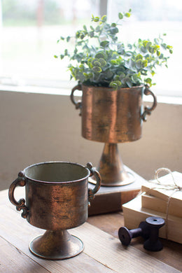 Set of Two Antique Copper Metal Planters with Handles