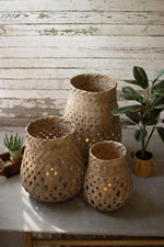 Kalalou CNMR1032 Set Of Three Woven Bamboo Lanterns With Glass