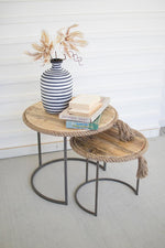 Kalalou CQ7301 Set Of Two Round Nesting Tables- Recycle Wood W Rope Accent