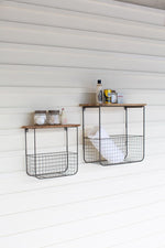 Kalalou CQ7385 Set Of Two Wire Basket Shelves With Recycled Wood Tops