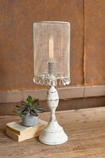 Kalalou CQ7511 Antique White Tabletop Lamp With Wire Mesh Shade And Gems