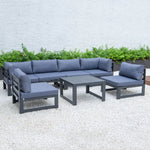 LeisureMod Chelsea 7-Piece Patio Sectional And Coffee Table Set Black Aluminum With Cushions