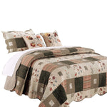 Benzara Douro Fabric 4 Piece Twin Quilt Set with Floral Print and Scalloped Edges,Brown
