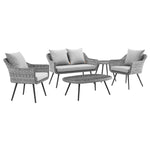 Modway Endeavor 5 Piece Outdoor Patio Wicker Rattan Loveseat Armchair Coffee Table and Side Table Set