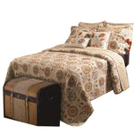 Benzara Elbe 5 Piece King Quilt Set with Medallion and Floral Pattern, Beige and Brown