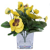 Vickerman F210178 7" Artificial Yellow Pansy Bush in Glass Cube, 3 Piece Set