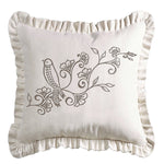 HiEnd Accents White linen weave ruffled pillow with embroidery detail