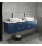 Fresca Lucera 60" Royal Blue Wall Hung Modern Bathroom Cabinet w/ Top & Double Vessel Sinks