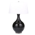 Benzara Glass Table Lamp with Pot Bellied Support and Round Base, White