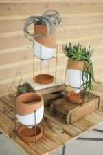 Kalalou H3349 Set of Three Natural And White Clay Pots On Wire Stands
