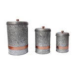 Benzara Galvanized Metal Lidded Canister with Copper Band, Set of 3, Gray