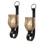 Benzara Scroll Design Metal Frame Vertical Wall Mounted Candle Holder Sconce,Set of 2, Bronze